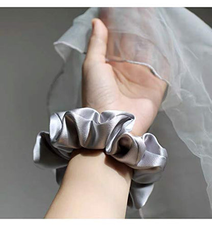 OLESILK 100% Mulberry Silk-Scrunchies for Hair Sleep, Women Grils Silk Hair Ties for Frizz & Breakage Curly Hair, No Damage, Elastics Ponytail Holder, 3 Pack - color: 3pcs, Black-Light Grey-Grey