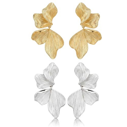 Chunky Gold Plated Flower Statement Drop Earrings for Women | Hypoallergenic 18K Gold Plated Textured Petal Wing, Large Statement Dangle Earrings for Wedding Party - color: Gold+Silver(2 pairs)