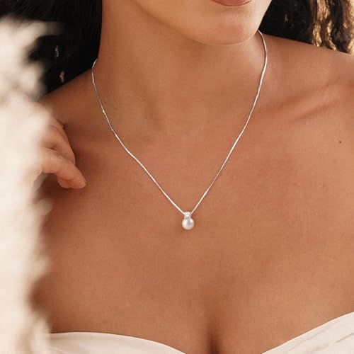 WFYOU Silver Gold Pearl Necklaces for Women 14K Gold Plated Dainty Necklace | Wedding Charm Pendant Necklace, Simple Pearl Necklace Waterproof Non Tarnish, Pearl Jewelry, Mothers Day Bridesmaid Gifts - color: Silver, size: 6mm