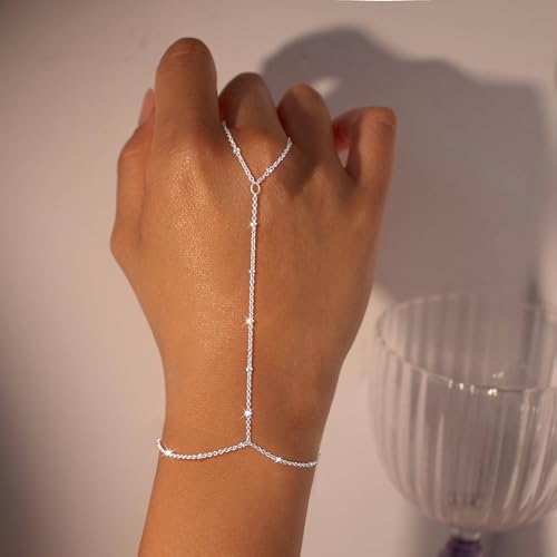 Cuzmly Bracelets for Women, Waterproof 14K Gold/Silver Plated Stackable Bracelets for Women Non Tarnish Trendy Dainty Paperclip Figaro Box Herringbone Hand Chain Bracelet Pack Stack Adjustable Jewelry for Women - style: Hand Chain A