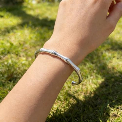 Adjustable Silver Bamboo Bracelet for Women – Stainless Steel Open-Cuff Bangle, Organic Design, Perfect Everyday Jewelry Gift