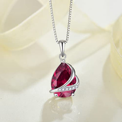 Birthstone Pendant Necklace 925 Sterling Silver Teardrop Jewelry for Women - color: Red