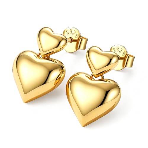 JustBeingCute Heart Stud Earrings 14K Gold Plated 925 Sterling Silver Posts | Dainty Simple Heart Earrings for Women hypoallergenic Chunky Puffy Studs Lightweight with Gift Box（7/10mm） - color: 2-14K Gold Dangle