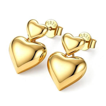 JustBeingCute Heart Stud Earrings 14K Gold Plated 925 Sterling Silver Posts | Dainty Simple Heart Earrings for Women hypoallergenic Chunky Puffy Studs Lightweight with Gift Box（7/10mm） - color: 2-14K Gold Dangle