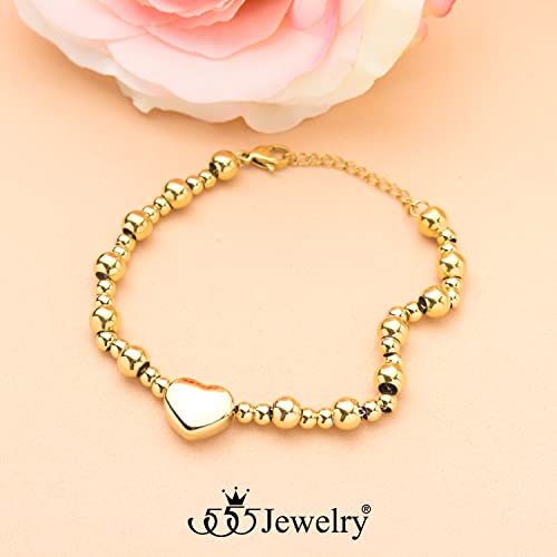 555Jewelry Stainless Steel Beads & Puffed Heart Charm Bracelet for Women & Ladies - color: Gold