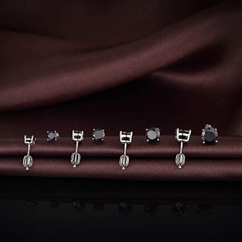 Stud Earrings with Screw Back, 925 Sterling Silver Cubic Zirconia Round Cut/Square Cut Stud Earrings for Women and Men, Long & Thick Post, 4MM-8MM - color: F-Crown-Round-Black, size: 7MM