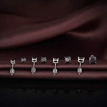 Stud Earrings with Screw Back, 925 Sterling Silver Cubic Zirconia Round Cut/Square Cut Stud Earrings for Women and Men, Long & Thick Post, 4MM-8MM - color: F-Crown-Round-Black, size: 7MM