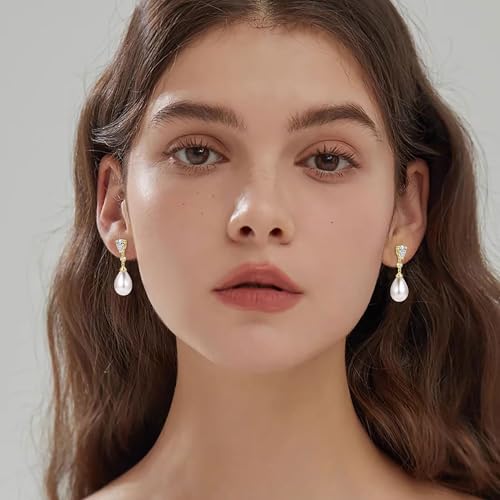 925 Sterling Silver Pearl Drop Earrings for Women, June Birthstone Long Dangle Pearl Jewelry Gifts for Her - color: 13mm Gold