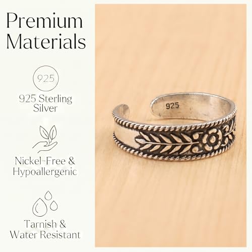 Sterling Silver Toe Ring, Adjustable Open Band, Handmade | Fits Toe, Knuckle or Pinky Ring | One Size Fits Most | Comfortable to Wear | Minimalist Style | Water Resistant - style: Floral Oxidized Band