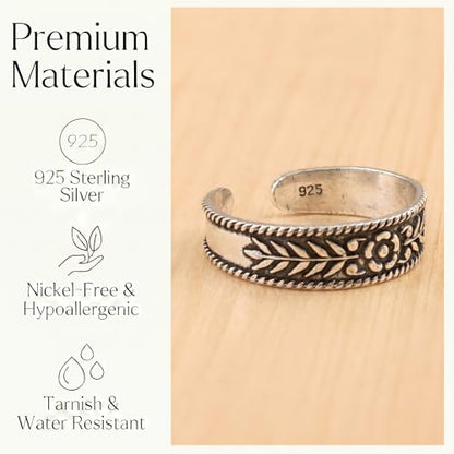 Sterling Silver Toe Ring, Adjustable Open Band, Handmade | Fits Toe, Knuckle or Pinky Ring | One Size Fits Most | Comfortable to Wear | Minimalist Style | Water Resistant - style: Floral Oxidized Band