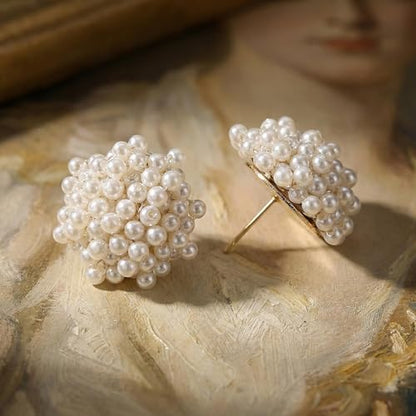 Pearl Cluster Stud Earrings for Women, Cream White Simulated Pearl Statement Earrings, Elegant Chunky Jewelry for Wedding Bride Bridesmaid Prom Party Gifts