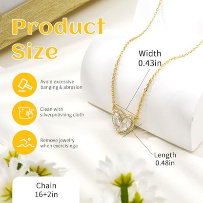 Cubic Zirconia Heart Pendant Necklace, 14K Gold Plated Pave Heart Necklace for Women, Faux Diamond Heart Pendant Necklace, Valentine’s Day, Birthday & Anniversary - color: White Gold X-5175