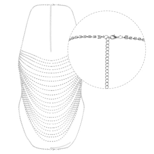 Multi-Layer Body Chain Necklace Rhinestone Chain Halter Top Body Jewelry Sexy Tassel Chest Chain Rave Nightclub Accessory - color: Silver
