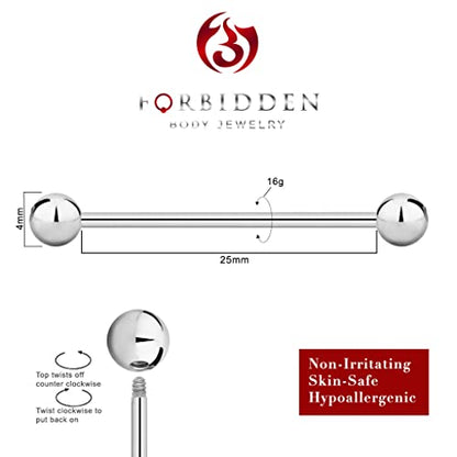 Forbidden Body Jewelry nipple barbell, nipple bars, silver nipplerings piercing Surgical Steel 8g - 18g Straight Barbell Body Jewelry (Sold Individually) - style: 16G 25mm (1") 4mm Balls