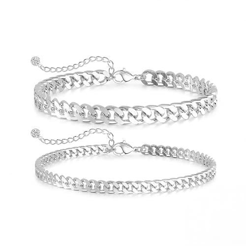 Robaice Adjustable Ankle Bracelets for Women Waterproof, Non Tarnish Sterling Silver Plated Cuban Link Anklets Set, Silver Anklets Gift for Women