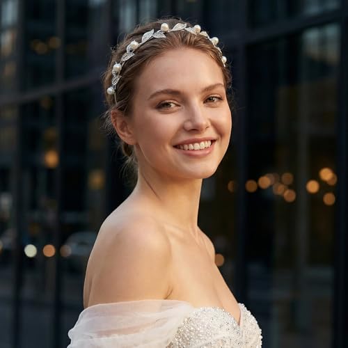 SWEETV Silver Bridal Headband, Pearl and Crystal Leaf Wedding Hair Accessories, Delicate Rhinestone Tiara Headpiece for Brides Bridesmaids Girls Prom Party