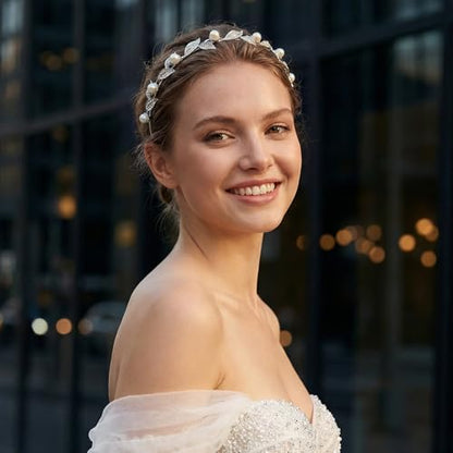 SWEETV Silver Bridal Headband, Pearl and Crystal Leaf Wedding Hair Accessories, Delicate Rhinestone Tiara Headpiece for Brides Bridesmaids Girls Prom Party