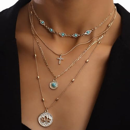 Gold Layered Necklace for Women Summer Boho Layered Stacked Pendant Necklace Country Concert Necklace Turquoise Coin Long Necklace - color: B