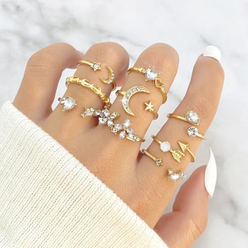 HUASAI Gold Stackable Rings Set for Women Boho Dainty Moon Star Pearl Leaf Cubic Zirconia Heart Midi Pinky Trendy Jewelry Birthday Gifts - color: E Gold Rings 9 Pcs