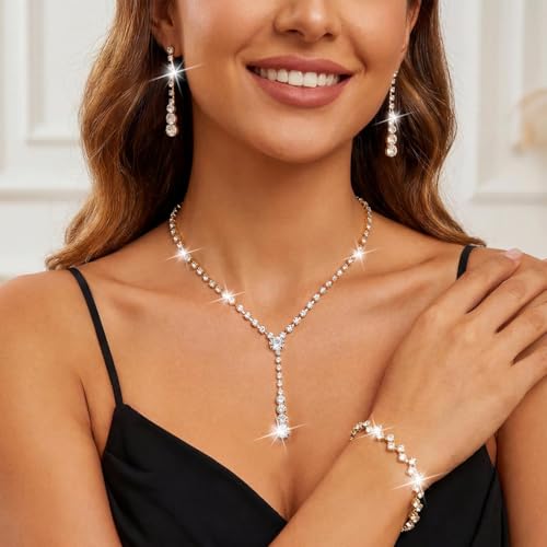 Bride Silver Bridal Necklace Earrings Set Crystal Wedding Jewelry Set Rhinestone Choker Necklace for Women and Brides - color: D Gold