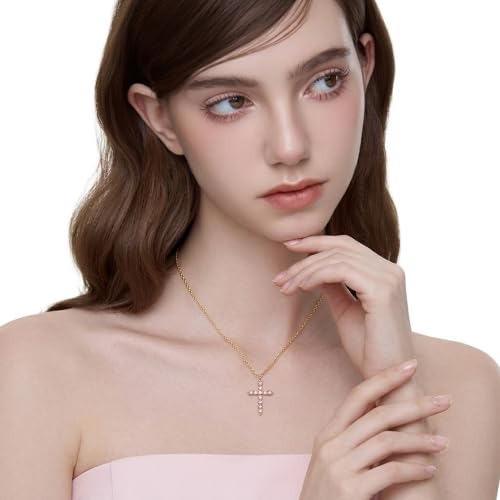 Cross Necklace for Women, Silver Cross Pendant Necklaces | 14K Gold Plated, Dainty CZ Cross Necklace, Non Tarnish and Hypoallergenic Jewelry for Women, Christian Religious Faith Gifts - color: 02-Gold-Pink
