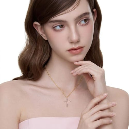Cross Necklace for Women, Silver Cross Pendant Necklaces | 14K Gold Plated, Dainty CZ Cross Necklace, Non Tarnish and Hypoallergenic Jewelry for Women, Christian Religious Faith Gifts - color: 02-Gold-Pink
