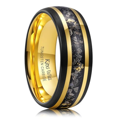 King Will Black Tungsten Rings for Men Hammer Wedding Band | Black, Grooved, Hammer Wedding Band Gold Groove, Sand Inlay, Everyday Wear - color: Meteorite & Golden Foil