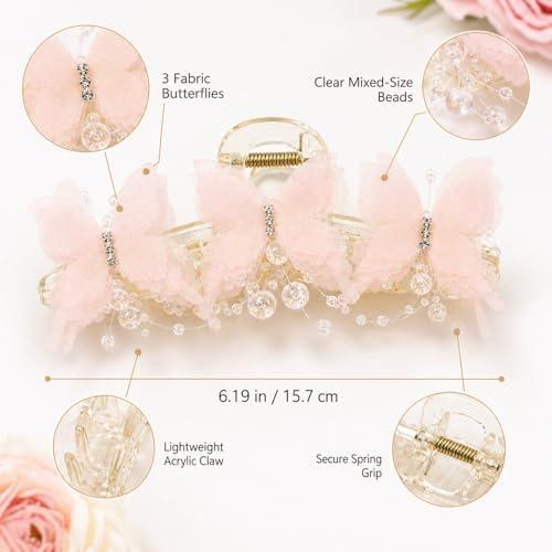 Bphne 4 Pack Pearl Butterfly Hair Clips for Women and Girls – Fabric Butterfly with Pearl Bow Decor, 6.19 Inch Large Elegant Hair Accessories, Faux Pearls Butterfly Hair Clip for Daily Styling