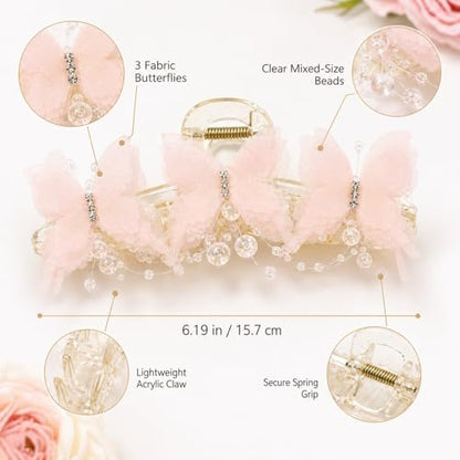 Bphne 4 Pack Pearl Butterfly Hair Clips for Women and Girls – Fabric Butterfly with Pearl Bow Decor, 6.19 Inch Large Elegant Hair Accessories, Faux Pearls Butterfly Hair Clip for Daily Styling