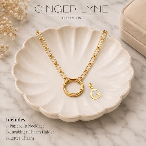 Paperclip Chain Carabiner Initial Charm Holder Necklace by Ginger Lyne | 18K Gold-Plated or Silver Tone Paperclip Chain with Carabiner Charm Holder, Adjustable 18-20 Inch, A-Z Initial Pendant - color: Gold-G