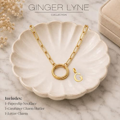 Paperclip Chain Carabiner Initial Charm Holder Necklace by Ginger Lyne | 18K Gold-Plated or Silver Tone Paperclip Chain with Carabiner Charm Holder, Adjustable 18-20 Inch, A-Z Initial Pendant - color: Gold-G