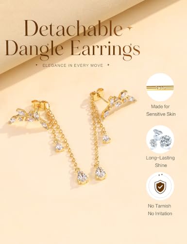 Pearl Dangle Stud Earrings for Women, 925 Sterling Silver Post Drop Earring | Trendy Detachable Chain Earrings, CZ Flower Stud Earrings, Hypoallergenic Wedding Statement Jewelry for Brides - color: Gold 2