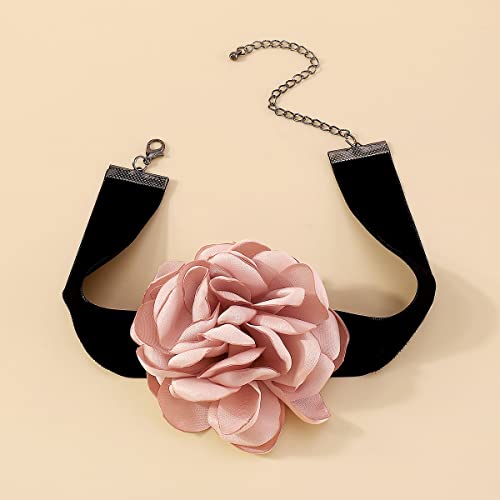 Rose Black Velvet Floral Choker Necklace - Camellia Daisy Rosette - Spring Summer Flower Jewelry - color: Pink