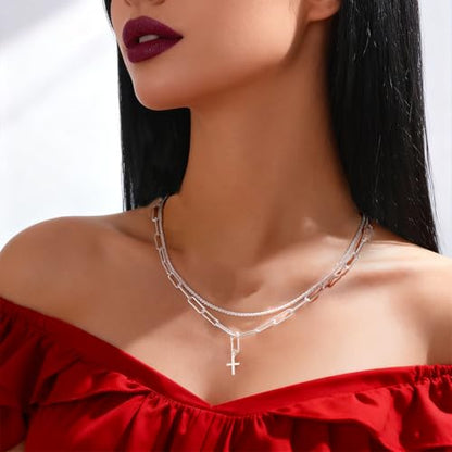 Cross Necklace 14K Silver Plated Dainty Small Pendant Choker Simple Trendy Cute Charm Chain Faith Jewelry Religious Minimalist Gift - style: 14 Silver Paperclip+Cross