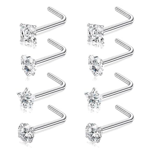 SEEDRILL 8Pcs 20G Nose Rings studs for Woman Hypoallergenic Nose Studs 316L Surgical Steel with Gold Plated Nose Piercings Jewelry 3mm CZ L Shape Nose Rings 20 Gauge Nose Stud Nose Screw Studs - style: 8Pcs/18G/3mm CZ/L-Shape/Silver