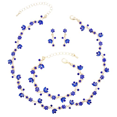 Elegant Brides Austrian Crystal Flower Choker Necklace Drop Dangle Earring Bracelet Wedding Jewelry Set for Bridesmaid Prom Costume Jewelry Set for Women - color: Blue-Gold Plated