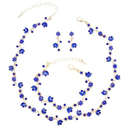 Elegant Brides Austrian Crystal Flower Choker Necklace Drop Dangle Earring Bracelet Wedding Jewelry Set for Bridesmaid Prom Costume Jewelry Set for Women - color: Blue-Gold Plated