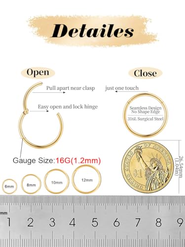 AMASIS Nose Rings and Nose Studs Set, Stainless Steel Hinged Nose Hoops and CZ Studs, Select Sizes and Styles for Nostril Septum Cartilage Piercing Jewelry - color: Gold, size: 2-Piece Hoops,16Gauge,12mm