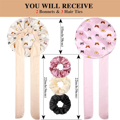 2+3 Large Satin Bonnets with Scrunchies for Women, Hair Bonnet Sleeping Tie Bonnet for Braids Curly Hair - color: H -White Butterfly, Pink Butterfly