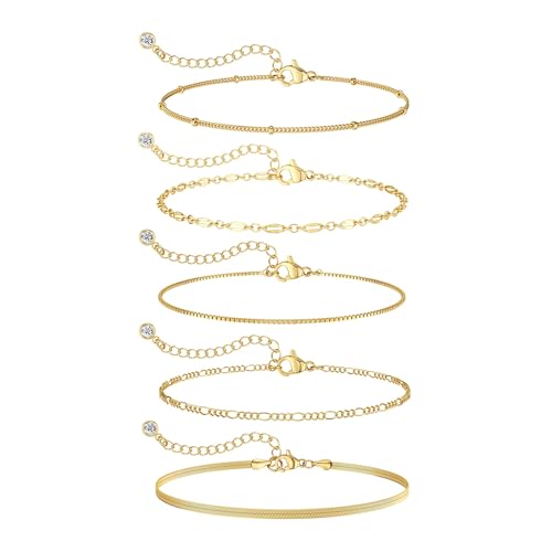 Dainty 14K Gold Plated Bracelets for Women Waterproof, Non Tarnish Gold Jewelry Sets, Thin Stackable Link Paperclip Chain Bracelet Pack Fashion Accessories Gifts for Womens - style: 5Pcs BRACELET SET-06