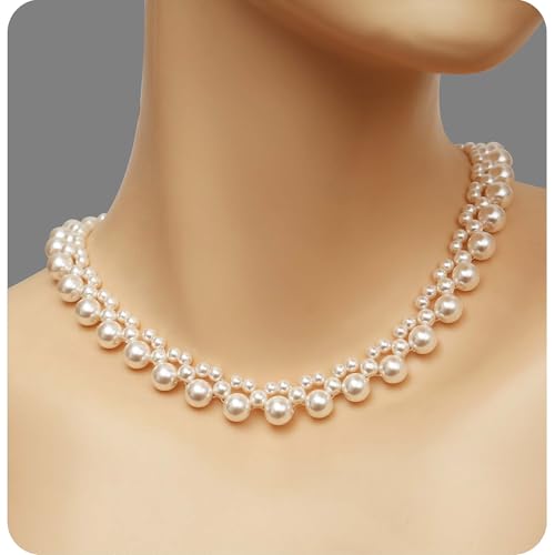S SUSANN Costume Layered Twisted Gold Pearl Necklace Choker Chunky Glass Statement Pearl Necklace and Earring set, good gift for women Faux pearl necklace set - style: Hand weaved floral choker set