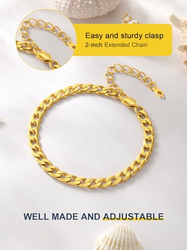 ChainsPro Resizable Anklet Chain for Women Men, Figaro/Wheat/Twist Rope/Cuban Foot Bracelet-Strong with Good Clasp-18K Gold Plated(Send Gift Box) - color: 00:cuban-Gold Plated-6mm