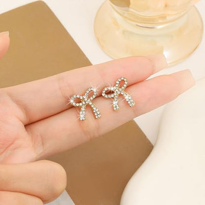Pearl Bow Earrings for Women Coquette Aesthetic Jewelry Rhinestone Bow Earrings for Bridesmaids Wedding Party Accessories Bridal Costume Accents Bowknot Themed Gifts - color: Q1: Gold Rhinestone Bow Stud