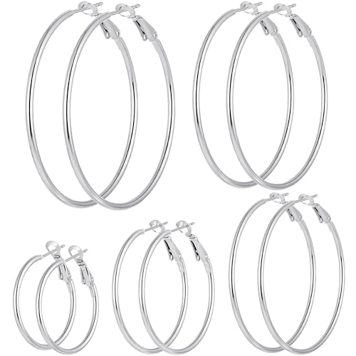 5/12 Pairs Gold Silver Plated Hoop Earrings for Women, Hypoallergenic Stainless Steel Hoops Earrings Set, Lightweight Large Small Hoops Women Earrings Loop Earrings Set - color: 5 Pairs Silver Plated Hoop Earrings