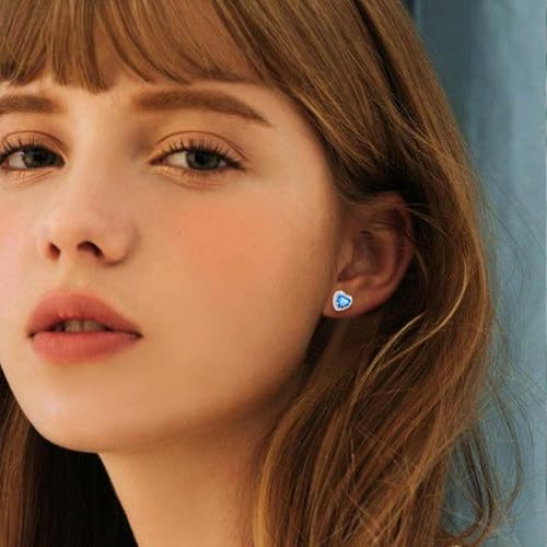 Bestyle 8mm Small Birthstone Earrings for Women with Hypoallergenic Sterling Silver Post,Sparkle Heart/Round Womens Studs Earrings, Great Birthday/Christmas/Anniversary Jewelry for Wife Mother - color: 12. Dec. Blue Topaz-Heart
