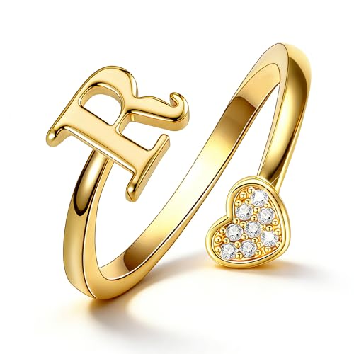 Lunvky Birthday Gifts Silver Initial Rings for Women Teen Girl Kids Trendy Stuff Dainty 14K Gold Plated Adjustable Heart Letter Thumb Rings Pinky Cute Jewelry Personalized Gift - color: Gold, size: Initial-R