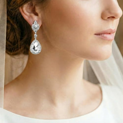 Mariell Black Crystal Teardrop Dangle Earrings, Jewlery for Brides, Bridesmaids, Prom and Wedding Parties - color: Silver Clip On