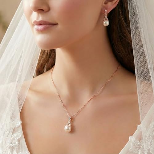 Mariell Pearl Drop Bridal Necklace Earrings Set with CZ Crystals for Bride, Bridesmaid, Birthday Gift - color: Rose Gold Necklace Earrings Set