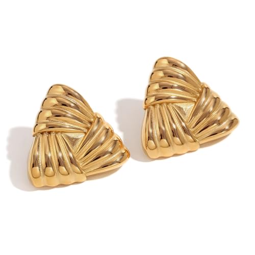 Geometric Ribbon Stud Earrings for Women, 14K Gold Plated Stainless Steel Hypoallergenic Chunky Statement Geometric Dangle Drop Earrings, Striped Stud Earrings - color: Gold