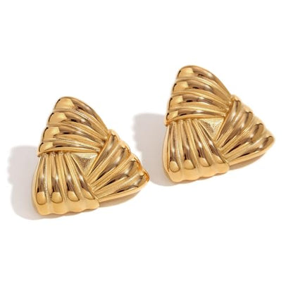 Geometric Ribbon Stud Earrings for Women, 14K Gold Plated Stainless Steel Hypoallergenic Chunky Statement Geometric Dangle Drop Earrings, Striped Stud Earrings - color: Gold
